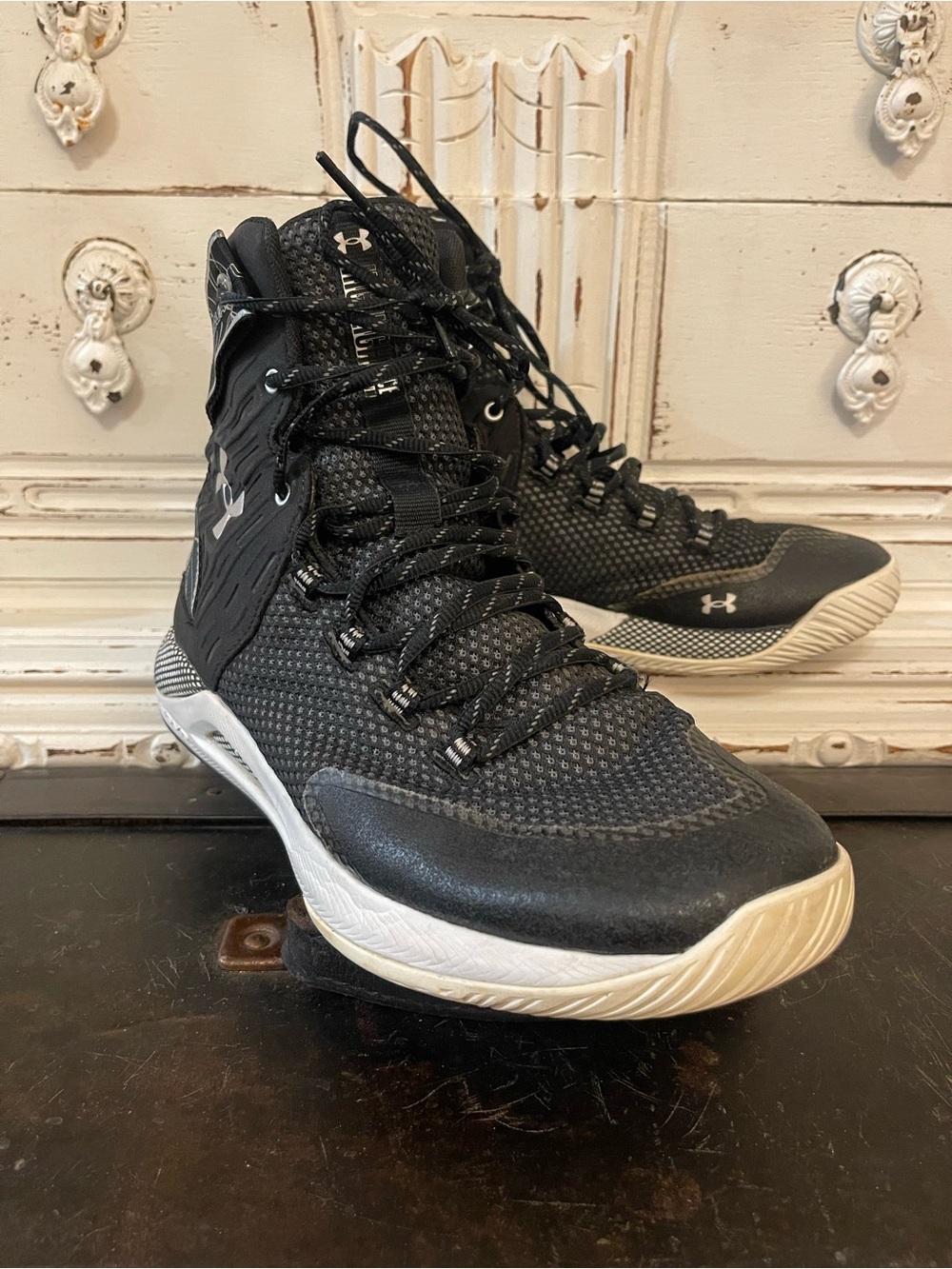 Under Armour Men’s Black and White High-Top Athletic Basketball Shoes